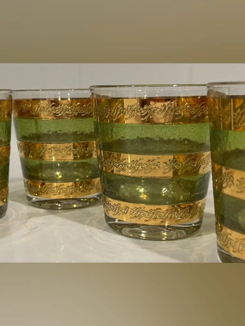 Vintage MCM Culver Starlyte Green & Gold Old Fashioned Glassware - Set of 6 EUC